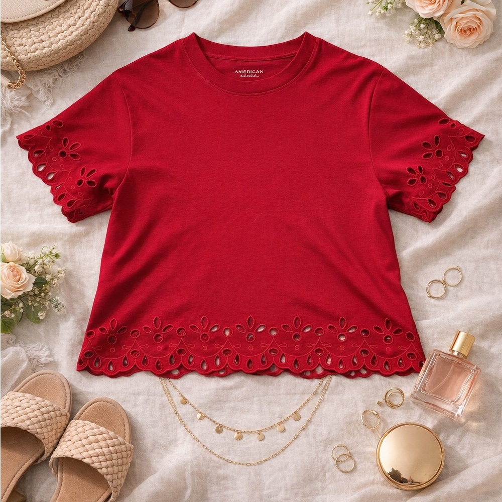 American Eagle Outfitters Red Eyelet Short Sleeve Tee